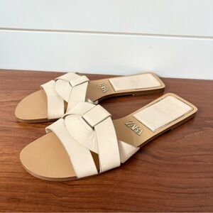 Zara Women's Flat Crossed Leather Slide Sandals Cream EUR 39 US 8.5 9 Classy